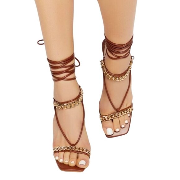 Cape Robbin Brown Strappy Heels with Gold Chain - Picture 2 of 11